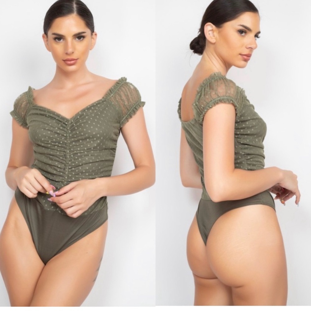 Olive shirred mesh bodysuit - Picture 4 of 8